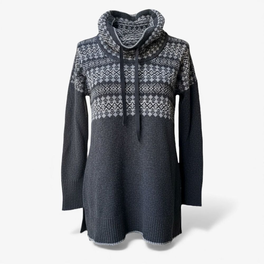 Eddie Bauer Fair Isle Sweater Gray Cowl Neck Tunic Pullover Nordic Knit Size L